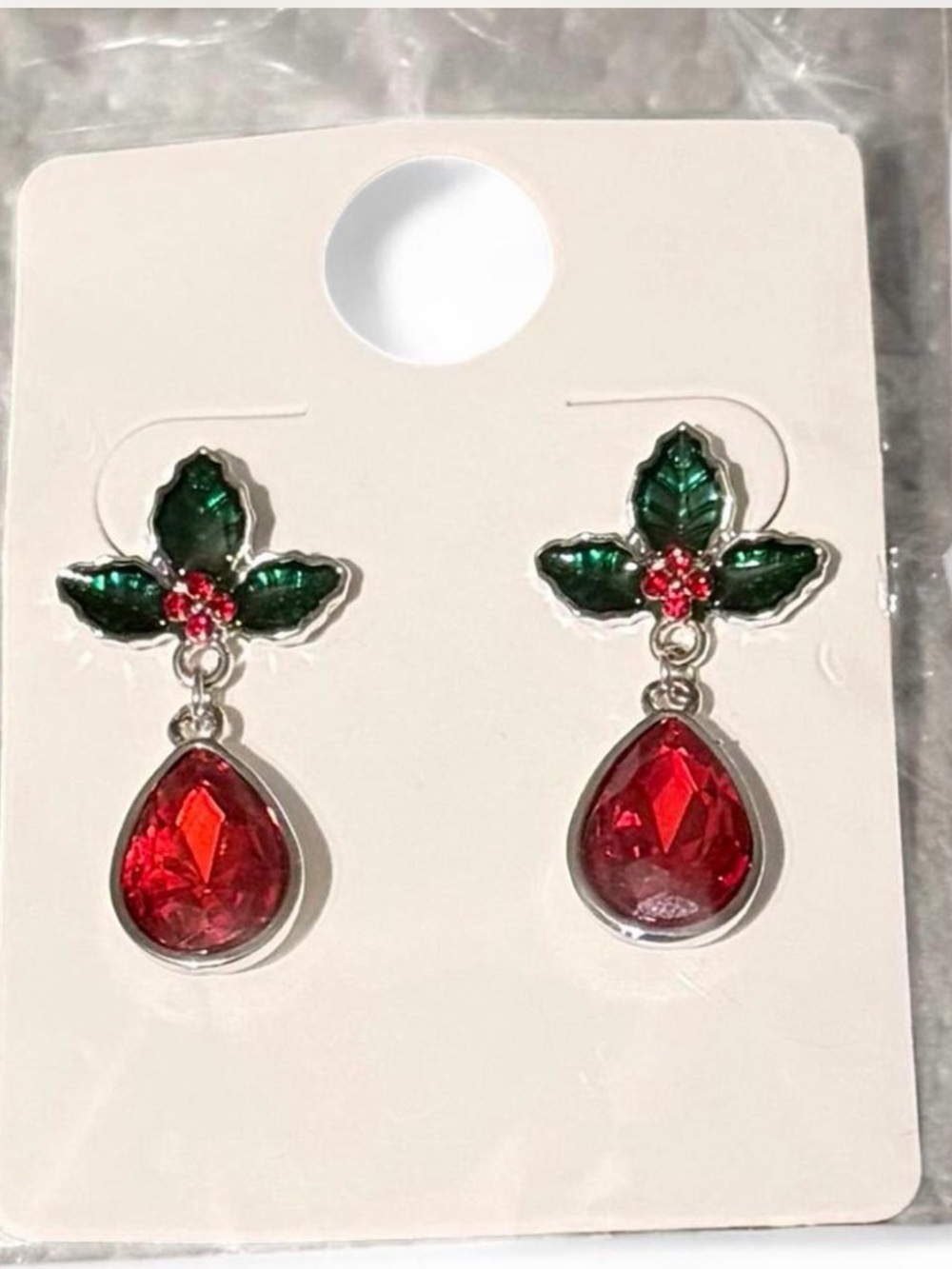 New  Red Teardrop Dangle Earrings with Christmas Holly